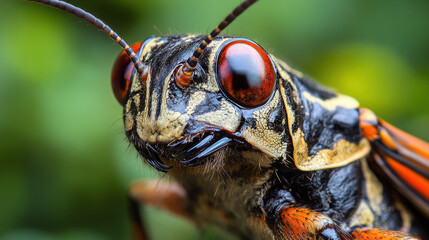 A striking close-up image of a colorful insect showcasing its large red eyes and intricate texture. This detailed shot captures the beauty of nature and the elegance of wildlife