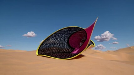 Surreal object resembling futuristic sculpture spinning on sand dune under bright blue sky, symbolizing contrast between technology and nature in minimal desert setting - Powered by Adobe