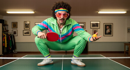 Portrait humoristique d'un homme en survêtement vintage années 80 prêt à jouer au ping pong.