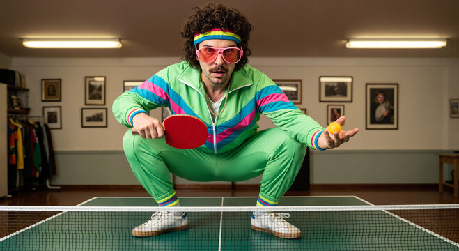 Portrait humoristique d'un homme en surv&ecirc;tement vintage ann&eacute;es 80 pr&ecirc;t &agrave; jouer au ping pong.
