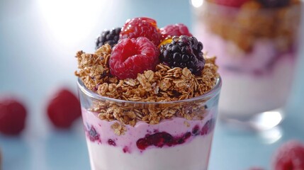 Close-up of a delicious yogurt parfait topped with fresh berries and crunchy granola.