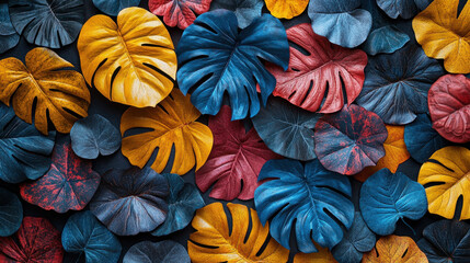 A stunning collection of vibrant tropical leaves in rich colors showcases a blend of blue, yellow, and red, creating a striking and artistic display against a dark background