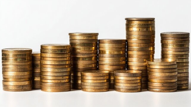 Gold coins stacked in ascending order of height against a white background.