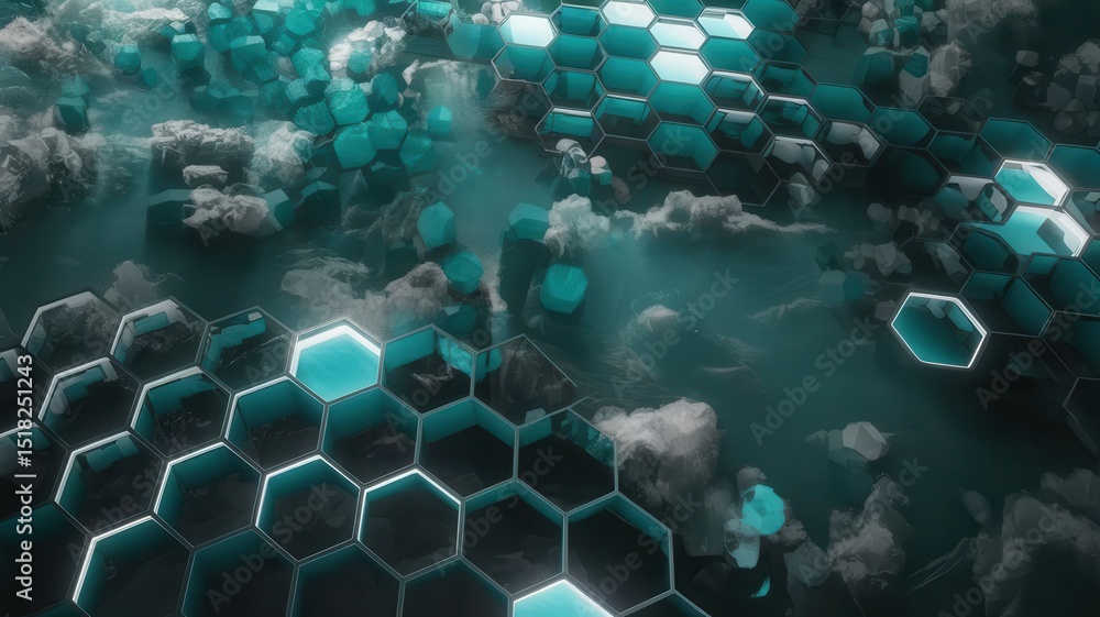 Aufkleber abstract turquoise hexagon grid with glowing edges and textured background