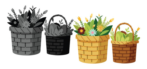 Colorful illustration of flower baskets in different colors, a vector art composition on a white background.