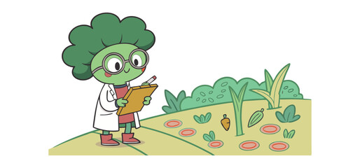 Cartoon character broccoli scientist observes a vegetable garden filled with diverse organic crops and plants.
