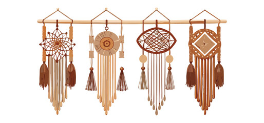 Beautiful handcrafted macrame wall hangings in earthy tones displayed on a wooden rod for boho interior design