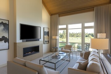 Fototapeta premium Modern elegant living room with high ceilings, white walls, wood ceiling, grey sofa, glass coffee table, fireplace, large windows overlooking golf course