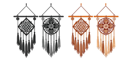 Artistic illustrations of traditional wall hangings in varied monochromatic and sepia tones depicting intricate decorative patterns.