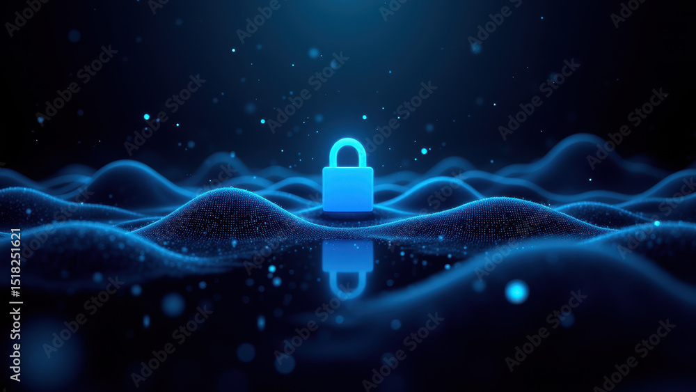 Poster this is a digital artwork depicting an abstract cybersecurity concept with a floating lock symbol su