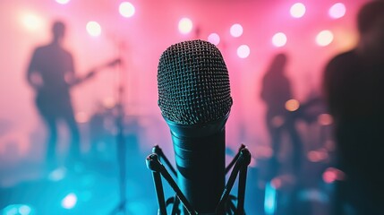 A microphone stands ready on stage, capturing the essence of a live music performance.