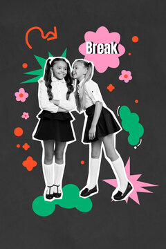 Template poster trend artwork 3D photo collage of two young girl smile tlk gossip break uniform school season september study illustration