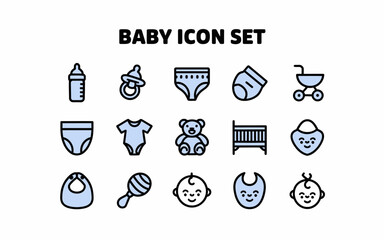 Baby Icons Set Newborn Infant Child Care Products Symbols Collection Cute Little Boy Girl Toddler  Diaper Bib Bottle Rattle  Stroller Crib Teddy Bear kid items stuff needs design vector family graphic