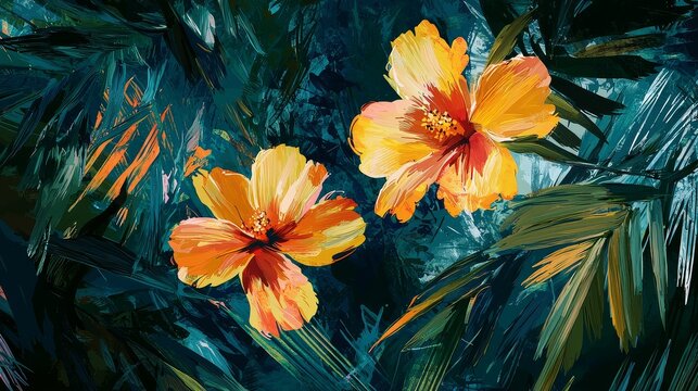 Seamless pattern of tropical flowers and leaves with vibrant colors, bold brush strokes, hand-drawn watercolor style on dark green background