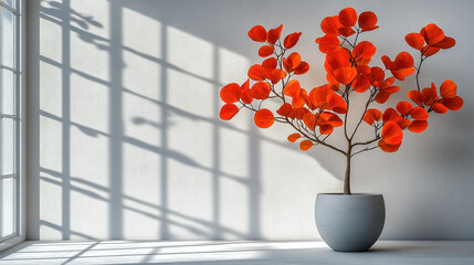 A stunning indoor plant features vibrant red leaves in a sleek pot, casting shadows on a bright wall. Perfect for modern decor and artistic spaces