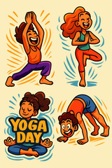 Dynamic Yoga Day Vector Sticker Set