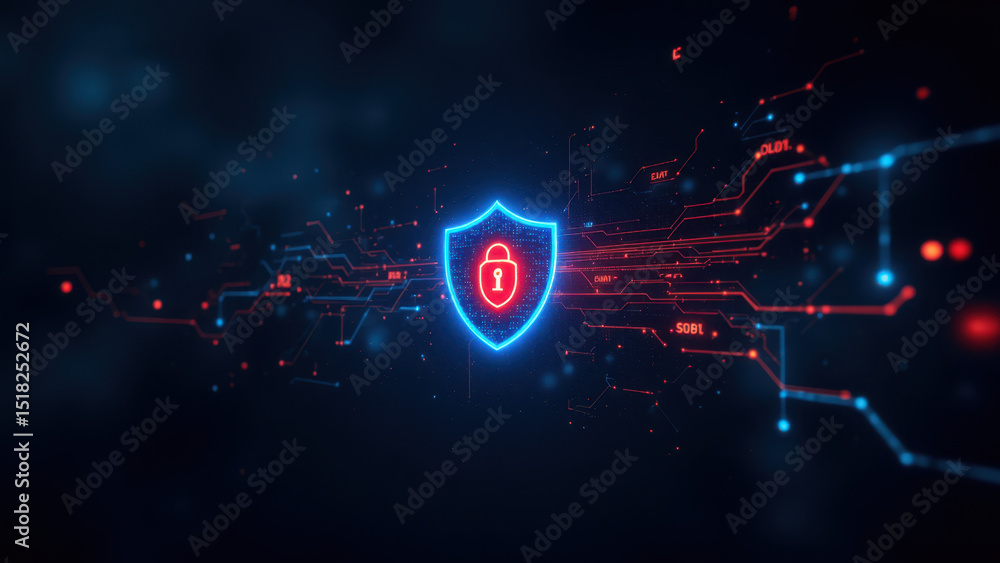Poster security shield with cybernetic grid on dark background