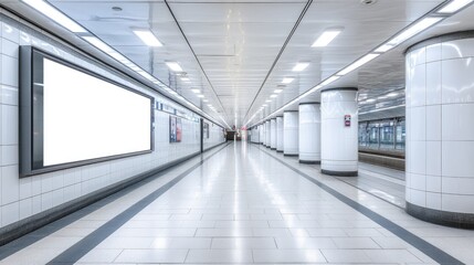 Empty subway station platform with large blank billboard.