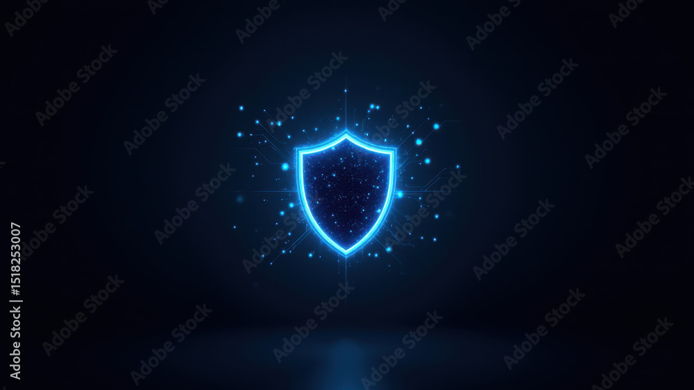 Poster the image depicts a graphic representation of cybersecurity with a blue shield icon at its center se