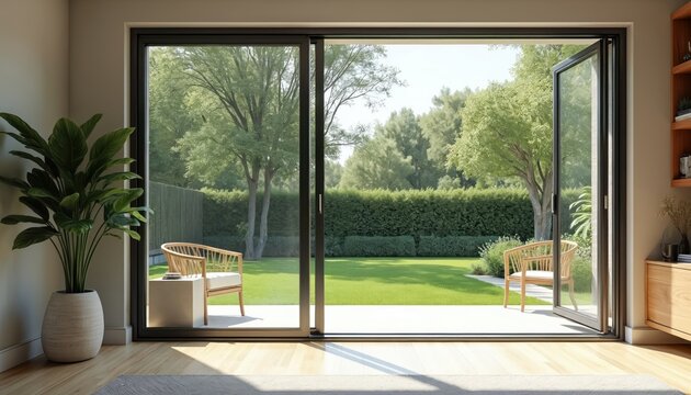 Fototapeta Modern home interior with large sliding glass door. View of green lawn, trees. Open terrace, patio with wooden chairs. Bright light, natural decor, interior design. Luxury apartment exterior.