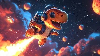 Adorable dinosaur with jetpack soaring through the cosmos