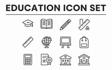 Education Icon Set Back to School Learning Icons Graduation Diploma College University Elementary School Teacher Student Knowledge Classroom Pencil Book Ruler Globe Calculator Backpack Modern Design  