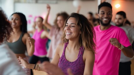 Group of people enjoying a vibrant dance workout in a bright studio during an energetic fitness session