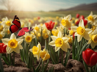 spring flowers in the garden with butterflies fluttering among the flowers