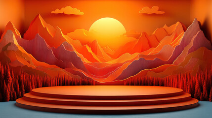 Colorful and vibrant orange sunset over stylized mountains with a stage, creating an inviting and artistic atmosphere for presentations or performances