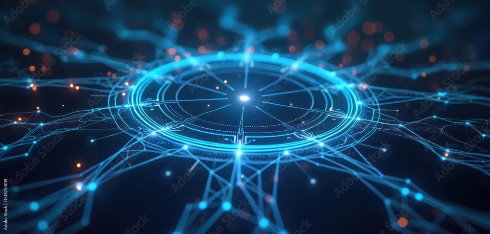 Poster Futuristic digital tech background. Abstract circle with light effect. 3d data visualization, network connections. Concept of science and tech innovation. Blue and orange colors on black background.