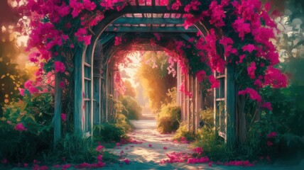 Enchanted garden path with bougainvillea draped trellis creating romantic mood