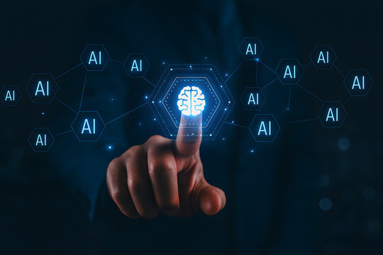 Artificial intelligence concept with brain icon and hand touching digital interface