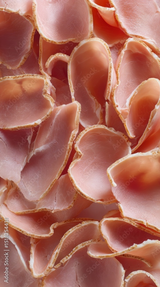 Poster close-up texture of overlapping sliced cured meat