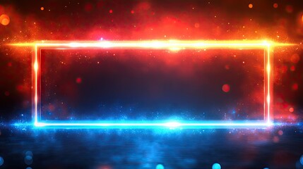 Neon rectangle frame with contrasting red and blue light effects.
