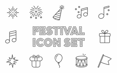 Fototapeta premium Elegant Festival Icon Set Line Art Design Elements Celebration Party Holiday Festive Graphics Black White Simple Minimalist Vector Illustration Perfect for Invitations Cards Posters Websites Festive 