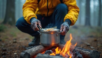 Hiker cooks hot meal campfire in forest. Man prepares food in pot over open fire during hiking. Camping, adventure, outdoor recreation, travel concept.