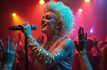 Drag queen performs on stage singing into microphone. Man dressed as woman in glamorous costume. Nightlife entertainment event in lgbt club. Audience enjoys show. Popular singer artist.