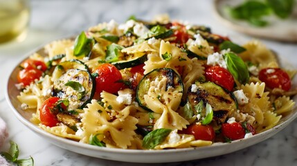 Farfalle Pasta Salad with Grilled Zucchini, Tomatoes, and Feta