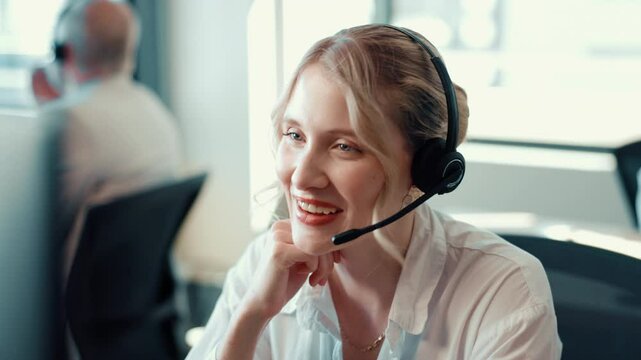 Help desk, call center and business woman on computer for technical advice, feedback or crm. Customer service, smile and consultant speaking with headset for it support, contact us or troubleshooting - Powered by Adobe