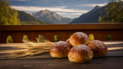 Fresh Baked Sweet Bread Rolls with Sugar on Wooden Table and Mountain View
