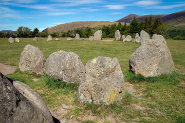 5000 year old Castlerigg Prehistoric Stone Circle near Keswick in the Lake District, Cumbria in the northwest of England. Built in the Neolithic period it is one of the oldest stone circles in Europe