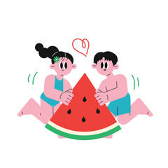 Couple enjoying watermelon slice in summer.