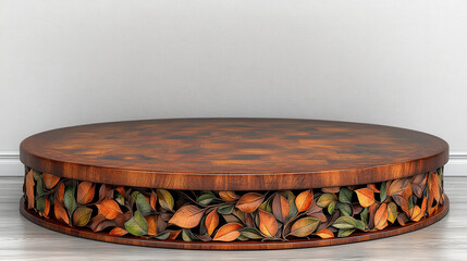 Stunning round wooden table featuring intricate leaf carvings. Perfect for enhancing any interior space with its elegant design and warm tones. Ideal for decor