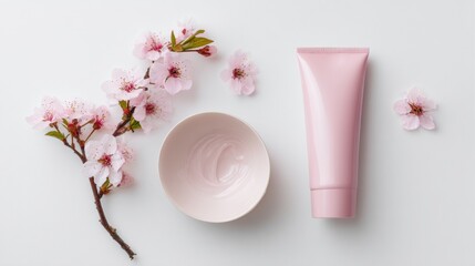 Pink cosmetic tube, bowl with product, and delicate cherry blossoms on white background