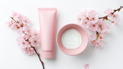 Pink Cosmetic Tube and Cream with Cherry Blossoms on White Background