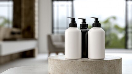 Pump Bottles on Stone Pedestal in Modern Interior