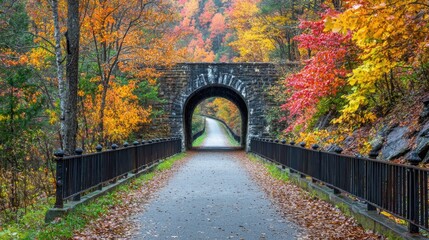 Scenic autumn pathway with colorful fall foliage, stone bridge, gravel trail, surrounded by vibrant trees and a peaceful outdoor park setting