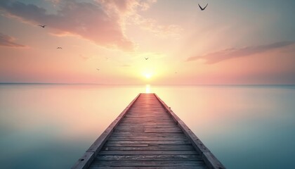Wooden pier extends into calm sea at sunrise or sunset. Birds fly, sky glows with soft colors. Tranquil mood, peaceful atmosphere, ideal for relaxation. Journey towards light, hope, new beginnings.