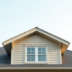 The top of the house with window. Beige wooden siding and dark roof tiles. Bright blue sky. Perfect for real estate marketing, home design and construction tech. Property for sale or rent.