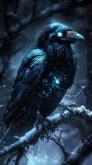 A glowing raven perched on a snowy branch, radiating a magical aura in the night.